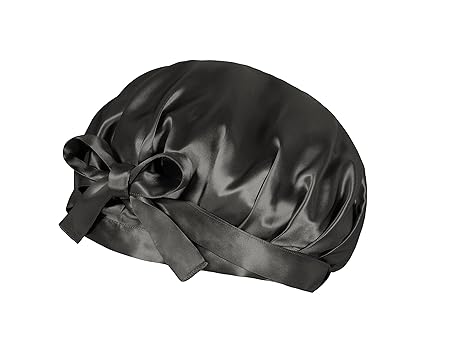 [COCOSILK] シルク ナイトキャップ 前結び リボン シルクキャップ ロングヘア シルク100% 就寝用 ヘアキャップ 髪 ヘアケア (L, ブラック)