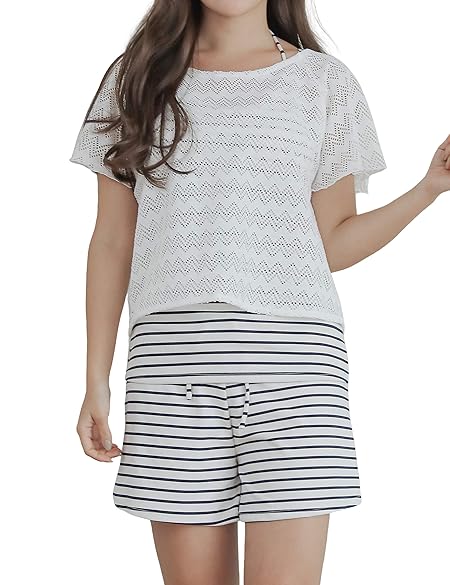 [COTARON] 水着 レディース 体型カバー タンキニ カバーアップ オーバーTシャツ ショートパンツ ４点セット (L, 10レース×ボーダー)