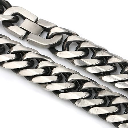 [silver KYASYA]幅15mm STAINLESS STEEL ステンレス 喜平ネックレス 中折式 マイアミキューバンリンク 6面カット 太め 極太 ダブル喜平チェーンネックレス 燻し いぶし (色：アンティークシルバー、幅：15mm)