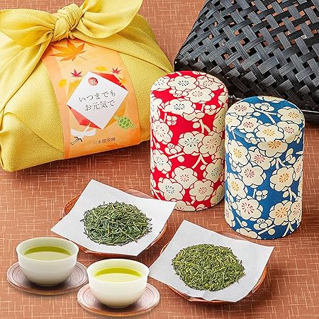 川本屋茶舗 敬老の日 高級日本茶 2種 竹かご入り 100g×2 和染茶缶入 お茶 日本茶 備長炭火入れ 静岡茶 掛川茶 緑茶 煎茶 ギフト プレゼント ゆず色風呂敷包み