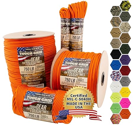 (タフグリッド) TOUGH-GRID パラコード パラシュートコード 純正軍用仕様タイプIV 750ポンドパラコード 米軍使用 MIl-C-5040-H 100%ナイロン 米国製 50Ft. (COILED IN BAG) イエロー