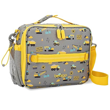 Bentgo Kids Lunch Bag - Durable, Double Insulated, Water-Resistant Fabric, Interior & Exterior Zippered Pockets, Water Bottle Holder - Ideal for Children 3+ (Construction Trucks)