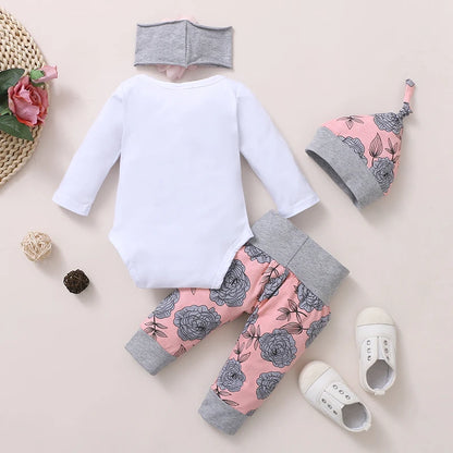 0-18ヶ月 新生児 女の子 服 長袖 ロンパース ローズパンツ 帽子&amp;ヘッドバンド付き 春 4点セット 衣装 幼児 女の子 服